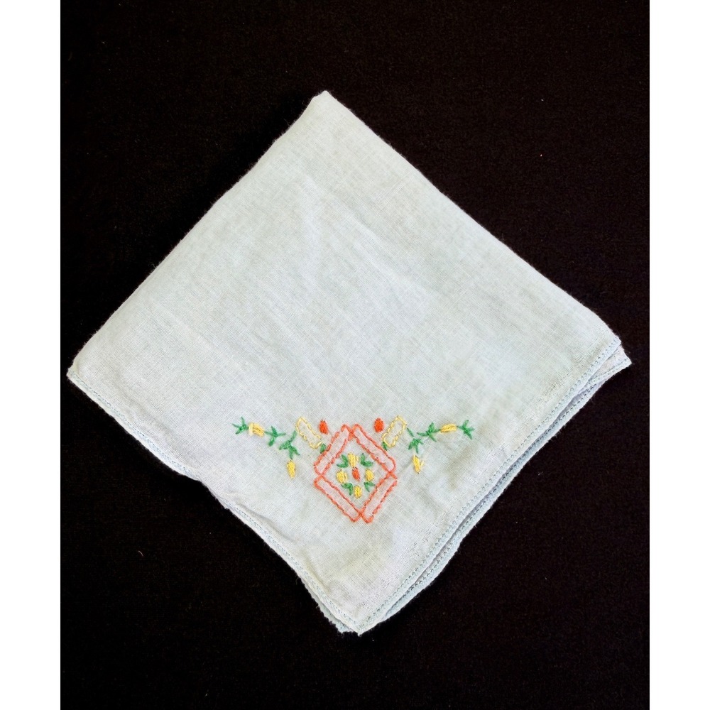 Vintage Hand Embroidered Floral Handkerchief Light Blue Cotton Linen Cottagecore